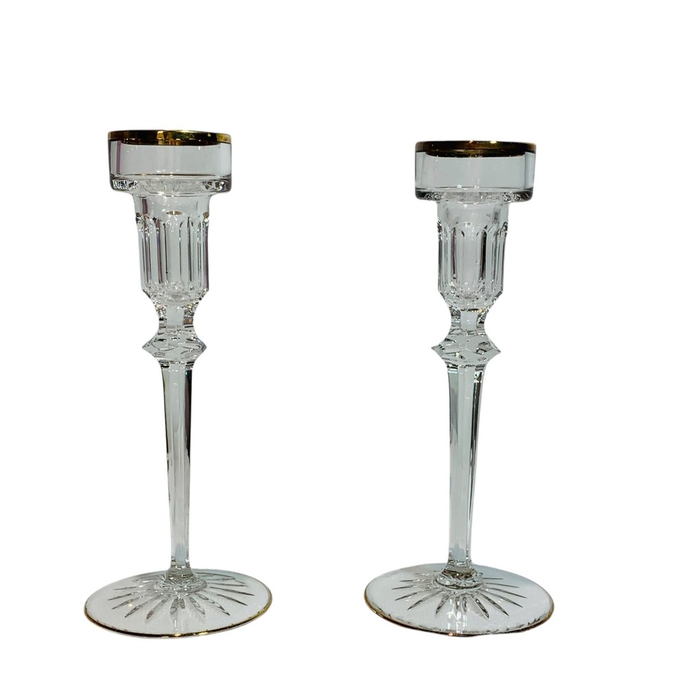 Vintage Rogaška Crystal Candlestick Pair 8″ Gold Trim Cut Glass Classic Elegance